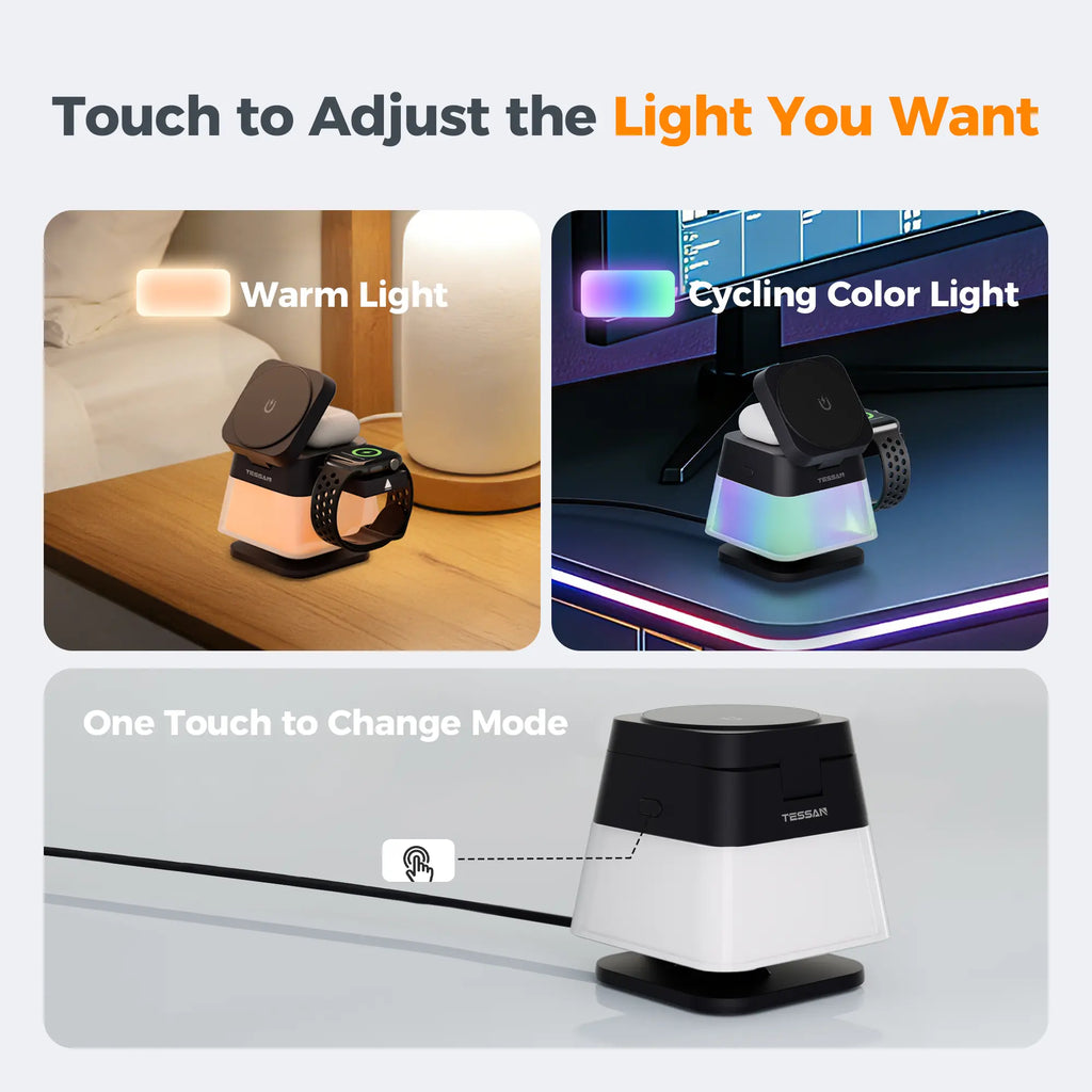 TESSAN 3-In-1 Magnetic Wireless Charging Station with Desk Org, 15W Speed Charger Stand, Foldable Design, Light Modes, Night Light for Compatible Phones (17/16/15/14/13/12 Pro Max), Airpods, Smart Watches