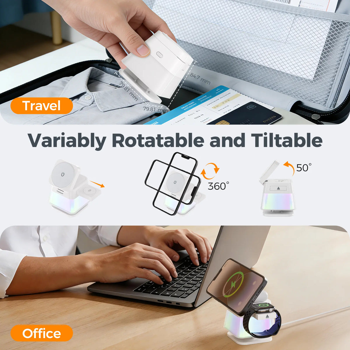 TESSAN 3-In-1 Magnetic Wireless Charging Station with Desk Org, 15W Speed Charger Stand, Foldable Design, Light Modes, Night Light for Compatible Phones (17/16/15/14/13/12 Pro Max), Airpods, Smart Watches