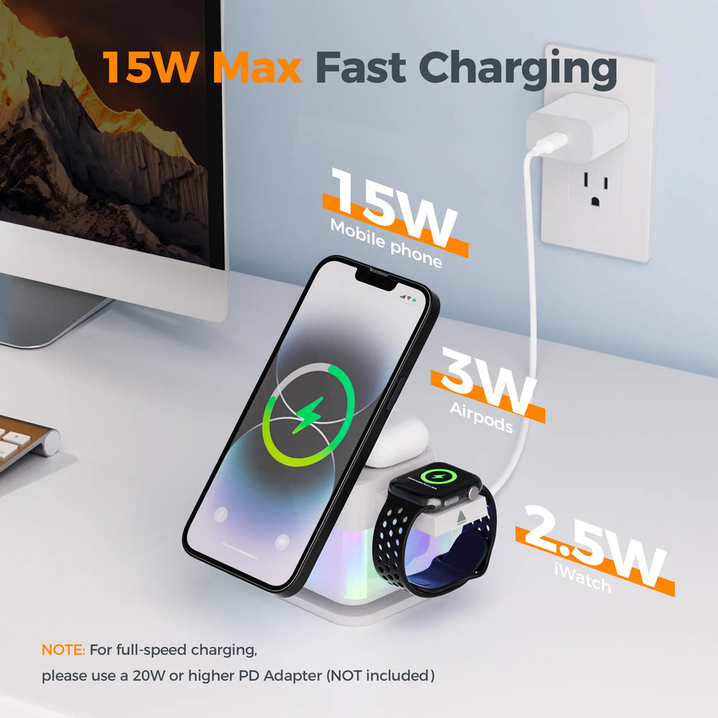 TESSAN 3-In-1 Magnetic Wireless Charging Station with Desk Org, 15W Speed Charger Stand, Foldable Design, Light Modes, Night Light for Compatible Phones (17/16/15/14/13/12 Pro Max), Airpods, Smart Watches