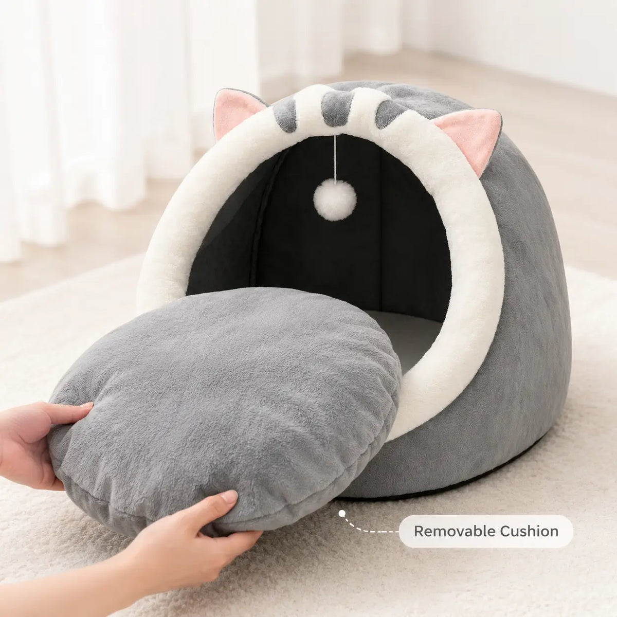Rescue Kitten Bed - Plush Enclosed Cave Kitten Condo, Warm Fleece Interior, Washable Collapsible Calming Hideaway, Non-Slip Base Circle Cushion for Indoor Small Felines
