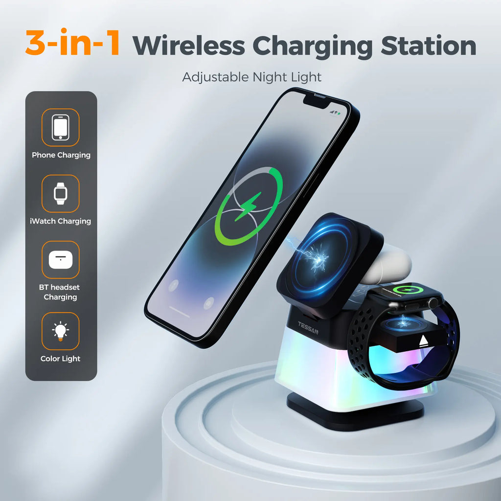 TESSAN 3-In-1 Magnetic Wireless Charging Station with Desk Org, 15W Speed Charger Stand, Foldable Design, Light Modes, Night Light for Compatible Phones (17/16/15/14/13/12 Pro Max), Airpods, Smart Watches