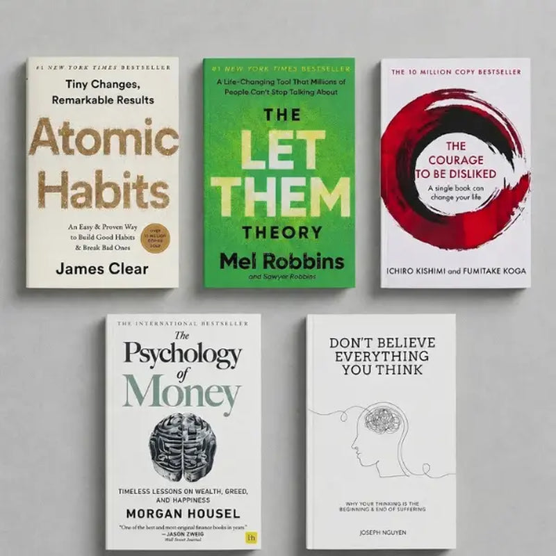 English Regular Softcover Self-Help Book Recommendations Bundle - 5 Bestselling Titles for Life Transformation: Atomic Habits, Let Them Theory, Psychology of Money, the Courage to Be Disliked, Don'T Believe Everything You Think (5 Books Set)