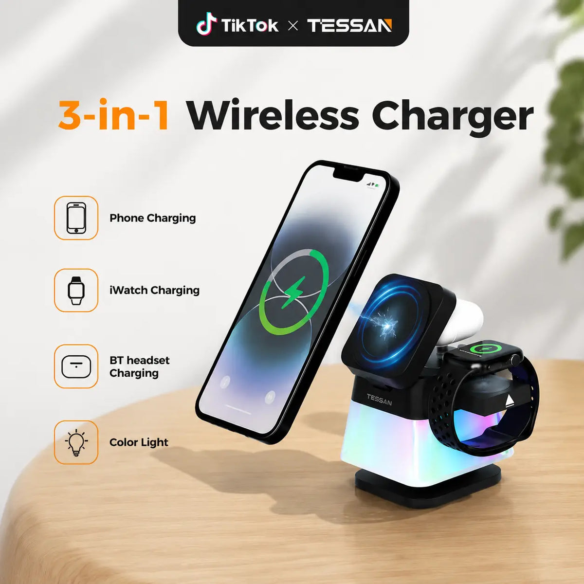 TESSAN 3-In-1 Magnetic Wireless Charging Station with Desk Org, 15W Speed Charger Stand, Foldable Design, Light Modes, Night Light for Compatible Phones (17/16/15/14/13/12 Pro Max), Airpods, Smart Watches