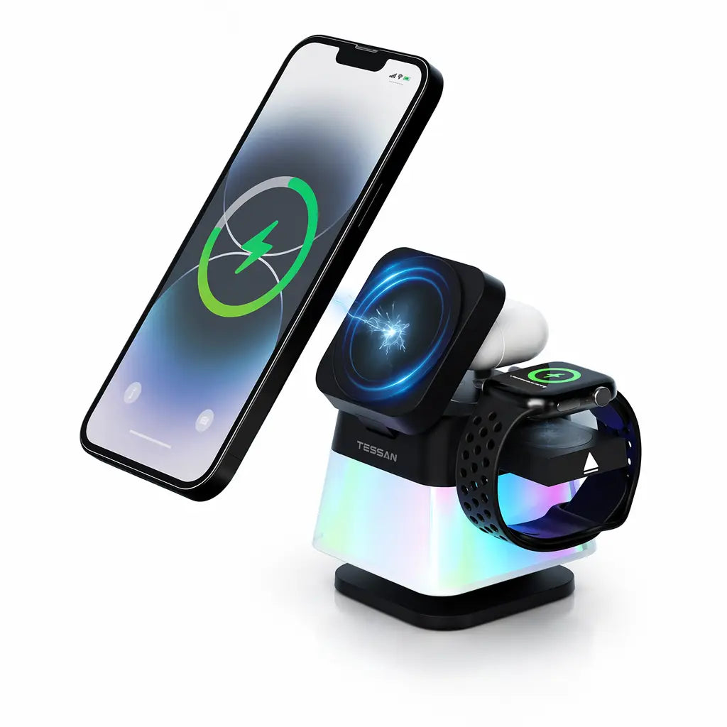 TESSAN 3-In-1 Magnetic Wireless Charging Station with Desk Org, 15W Speed Charger Stand, Foldable Design, Light Modes, Night Light for Compatible Phones (17/16/15/14/13/12 Pro Max), Airpods, Smart Watches