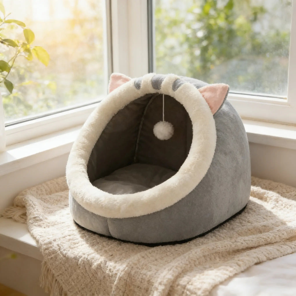 Rescue Kitten Bed - Plush Enclosed Cave Kitten Condo, Warm Fleece Interior, Washable Collapsible Calming Hideaway, Non-Slip Base Circle Cushion for Indoor Small Felines