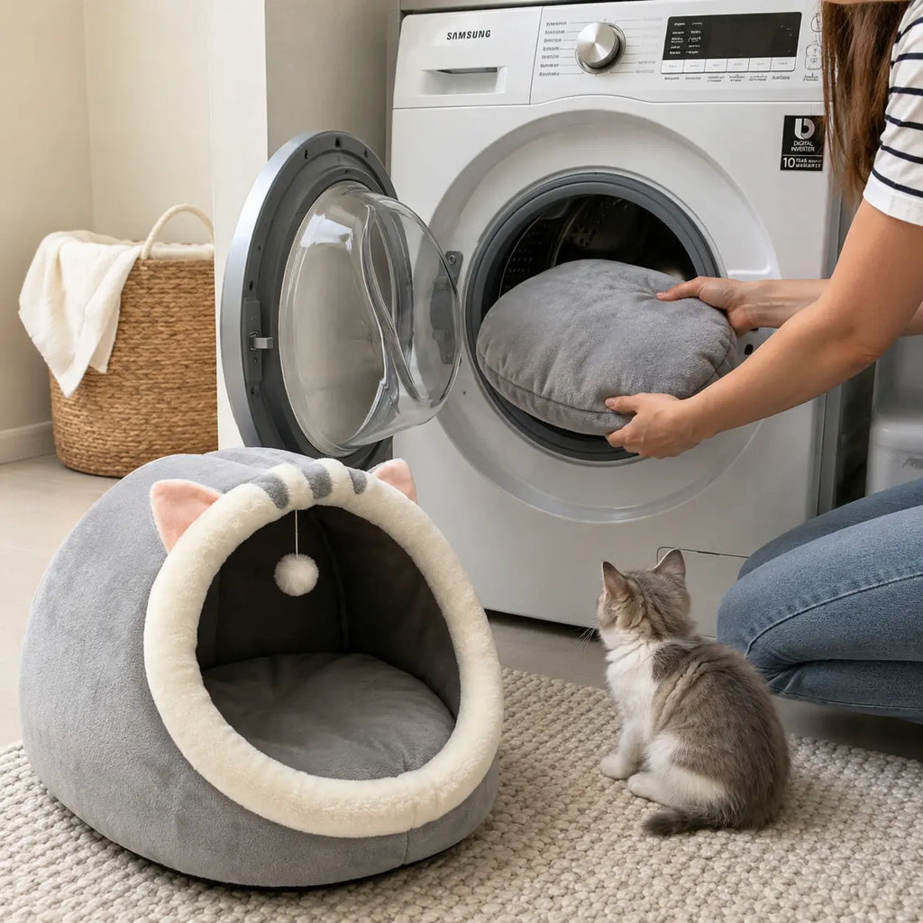 Rescue Kitten Bed - Plush Enclosed Cave Kitten Condo, Warm Fleece Interior, Washable Collapsible Calming Hideaway, Non-Slip Base Circle Cushion for Indoor Small Felines