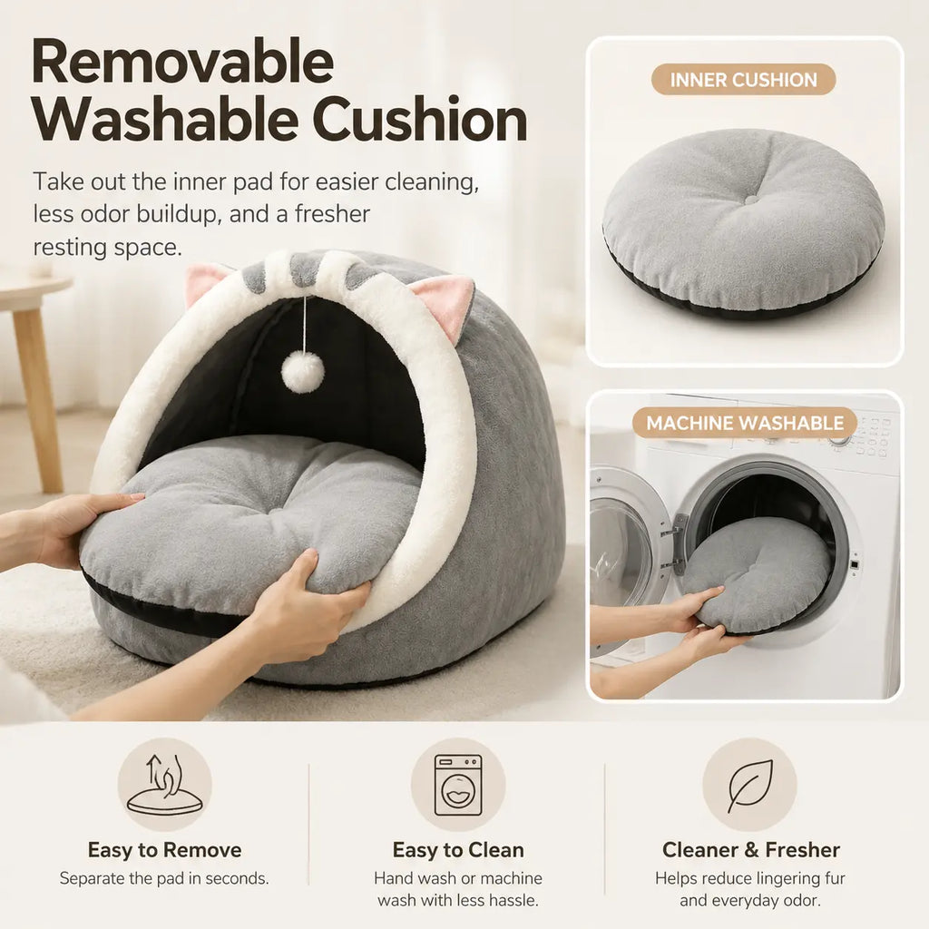 Rescue Kitten Bed - Plush Enclosed Cave Kitten Condo, Warm Fleece Interior, Washable Collapsible Calming Hideaway, Non-Slip Base Circle Cushion for Indoor Small Felines