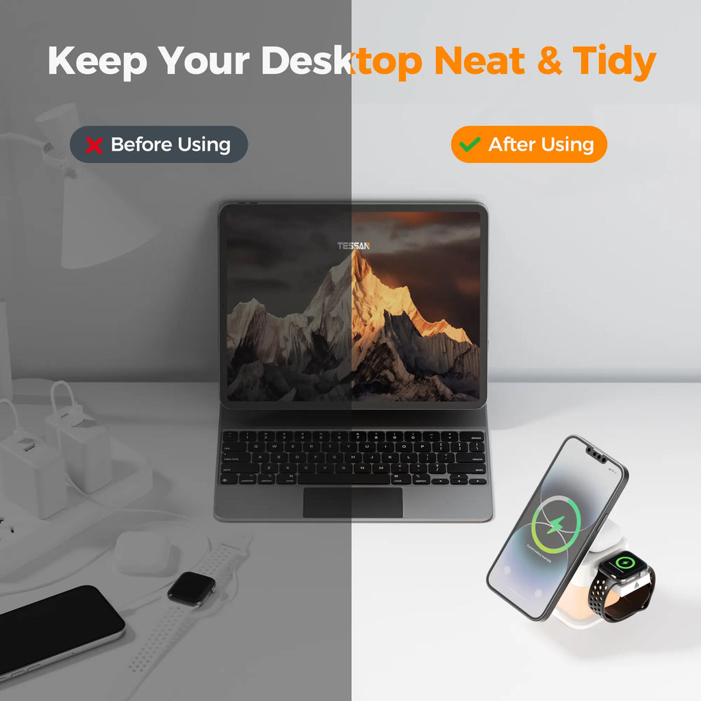 TESSAN 3-In-1 Magnetic Wireless Charging Station with Desk Org, 15W Speed Charger Stand, Foldable Design, Light Modes, Night Light for Compatible Phones (17/16/15/14/13/12 Pro Max), Airpods, Smart Watches