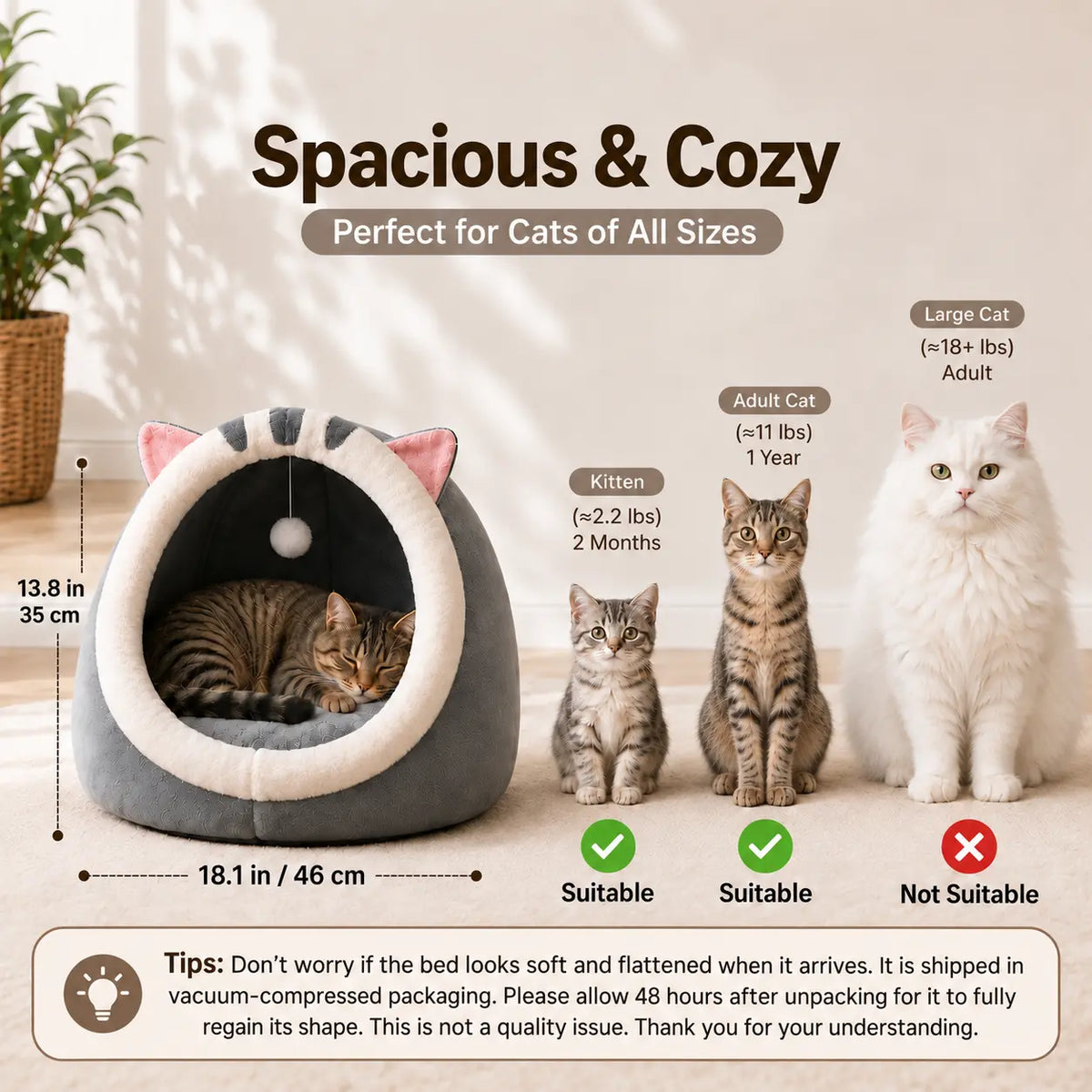 Rescue Kitten Bed - Plush Enclosed Cave Kitten Condo, Warm Fleece Interior, Washable Collapsible Calming Hideaway, Non-Slip Base Circle Cushion for Indoor Small Felines