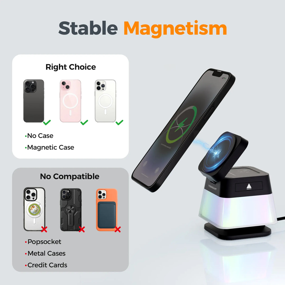 TESSAN 3-In-1 Magnetic Wireless Charging Station with Desk Org, 15W Speed Charger Stand, Foldable Design, Light Modes, Night Light for Compatible Phones (17/16/15/14/13/12 Pro Max), Airpods, Smart Watches