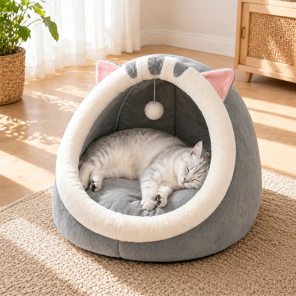 Rescue Kitten Bed - Plush Enclosed Cave Kitten Condo, Warm Fleece Interior, Washable Collapsible Calming Hideaway, Non-Slip Base Circle Cushion for Indoor Small Felines
