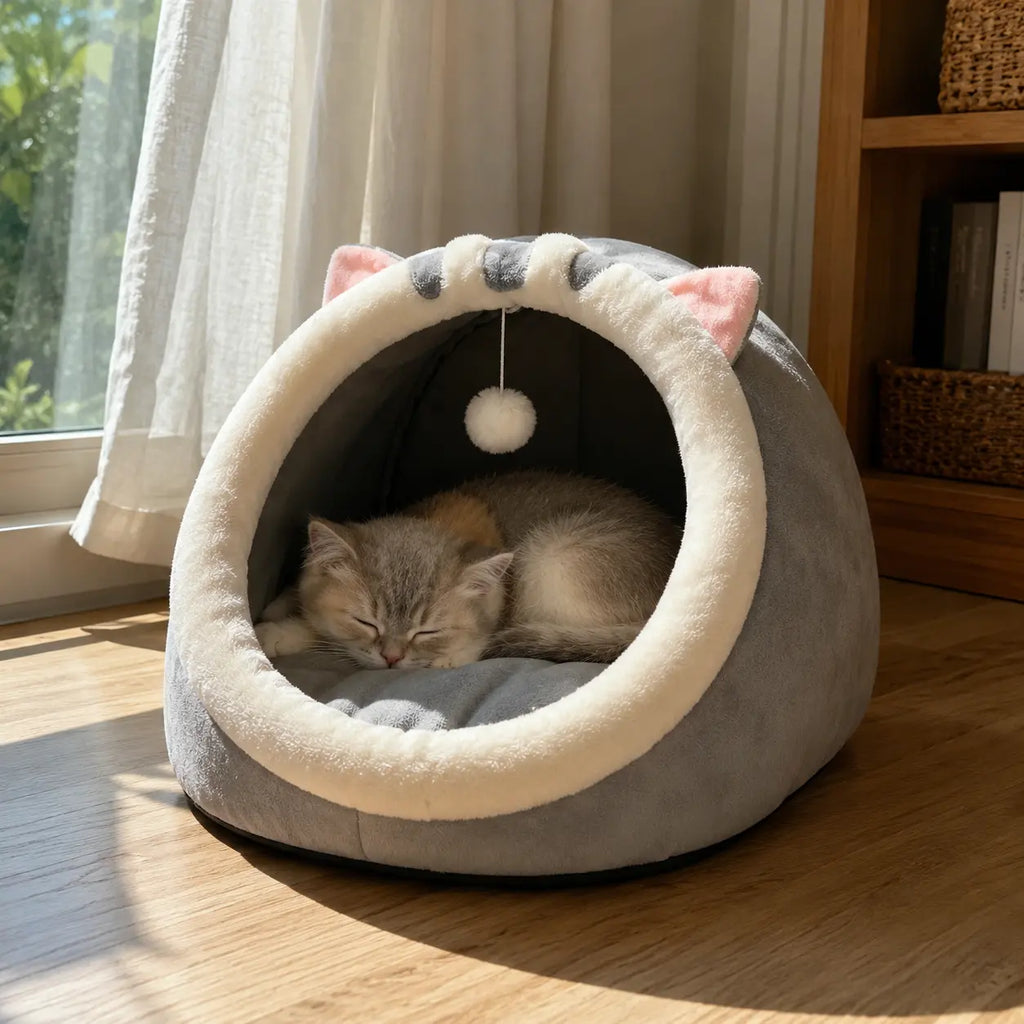 Rescue Kitten Bed - Plush Enclosed Cave Kitten Condo, Warm Fleece Interior, Washable Collapsible Calming Hideaway, Non-Slip Base Circle Cushion for Indoor Small Felines